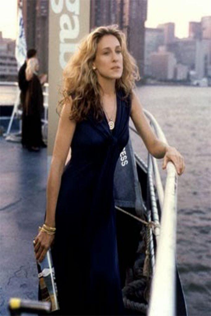 carrie navy dress on the boat 92 Questions Carrie Bradshaw Asks Entire Serie