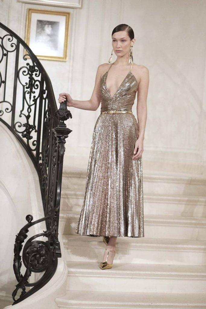 ralph lauren 2019 spring summer collection review by alley girl bella hadid gold dress