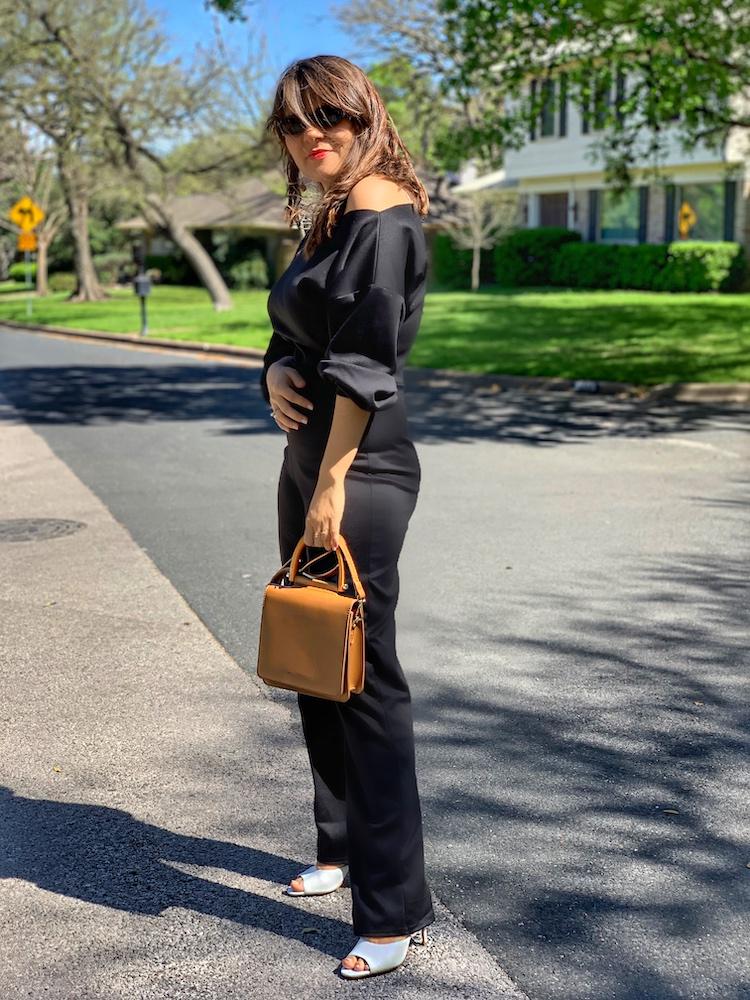 black jumpsuit for office looks alley girl betul k yildiz new york fashion blogger brown handle bag
