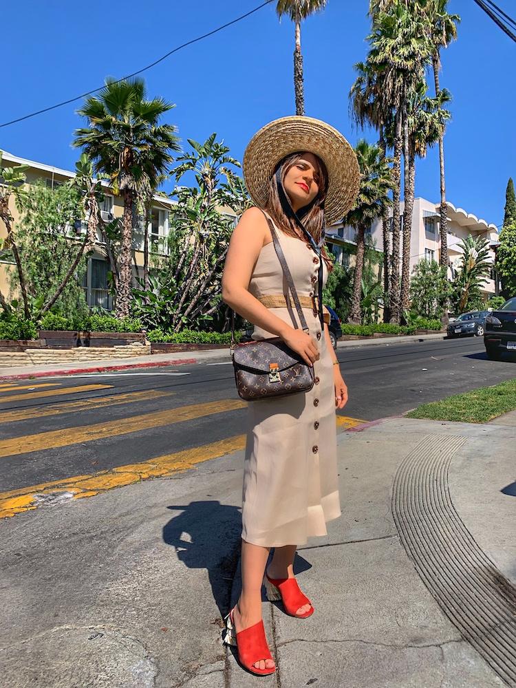 fashion technology blog alley girl forever 21 beige button down dress red sandals louis vuitton bag mango straw hat alley girl 2