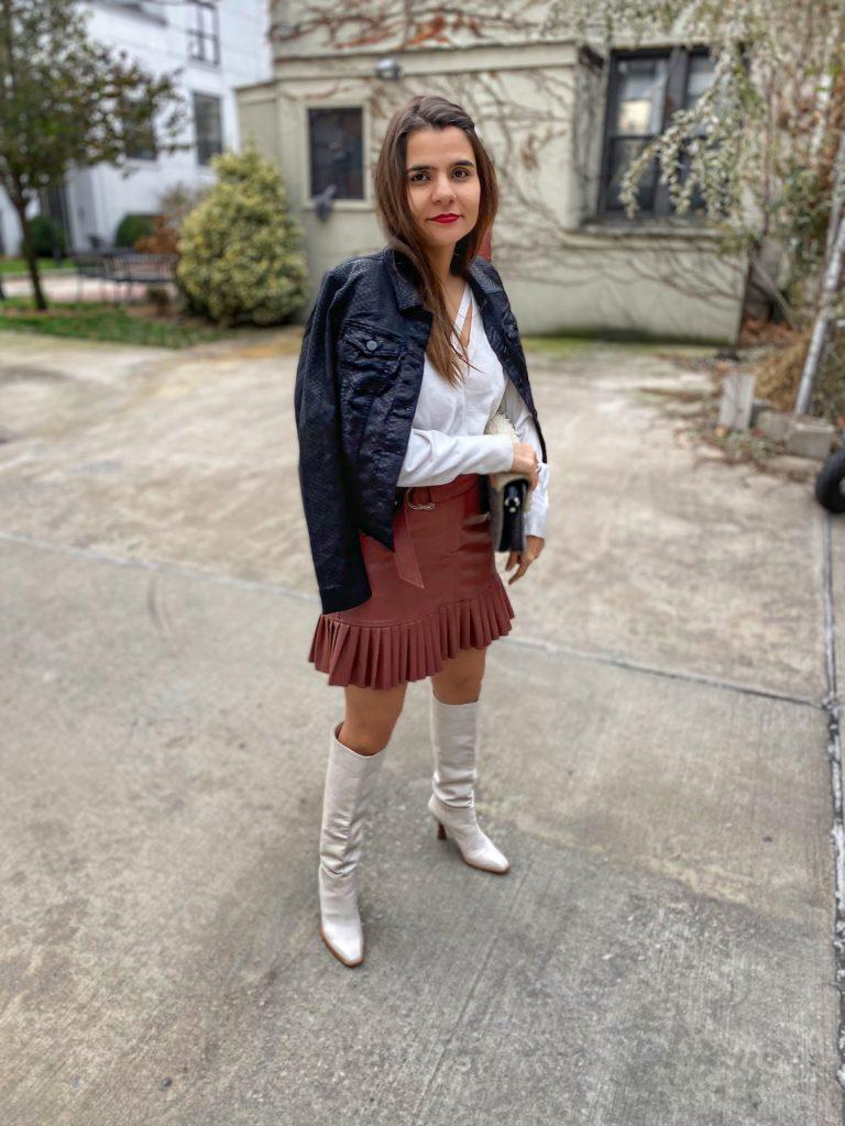 Chic Leather Skirt Outfit for Thanksgiving 2019 white knee length boots