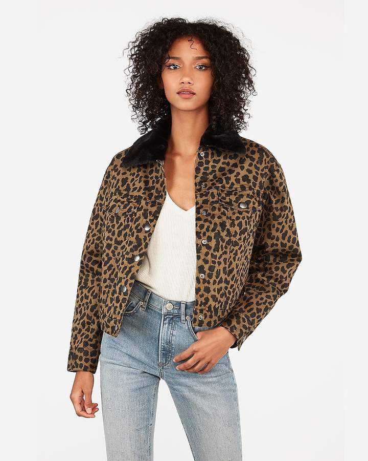 express leopard print sherpa lined denim shortie jacket