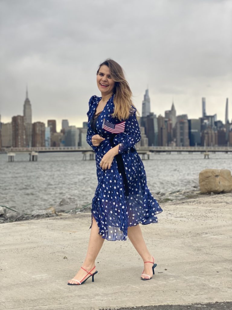 what to wear to your citizenship ceremony DVF wrap dress with The Row bare sandals
