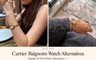 Cartier Baignoire watch alternatives collage with Betül’s oval bangle watch styled with a black top and grey knitwear
